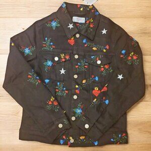 Lifted Anchors Rialto‎ Jacket Black Denim Mens Small Embroidered Flowers Hearts